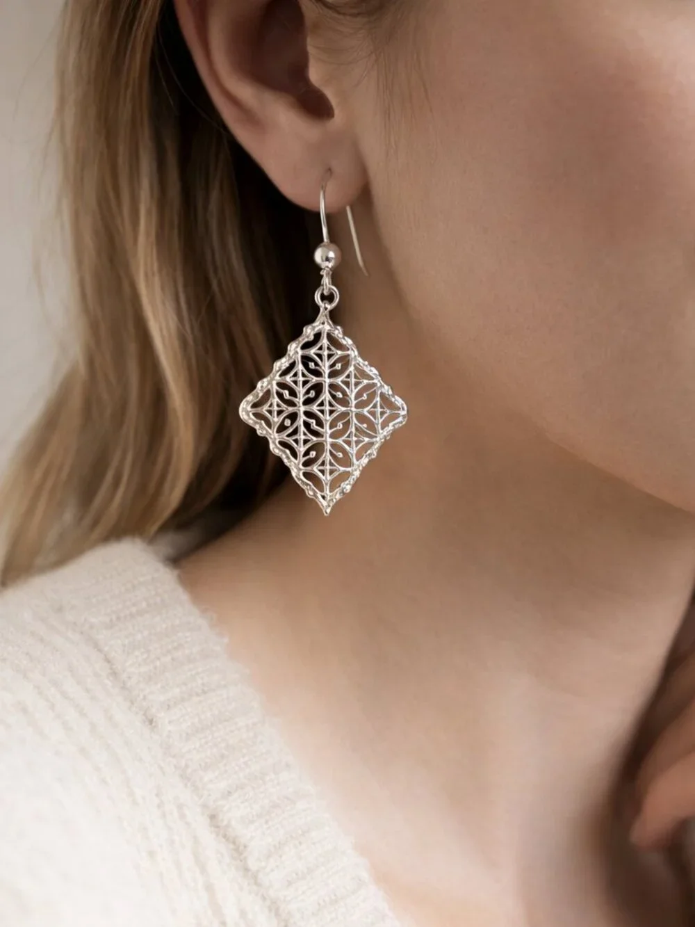 Sterling Silver “Ornate Filigree Diamond Drops” Earrings Boho - Picture 2 of 4